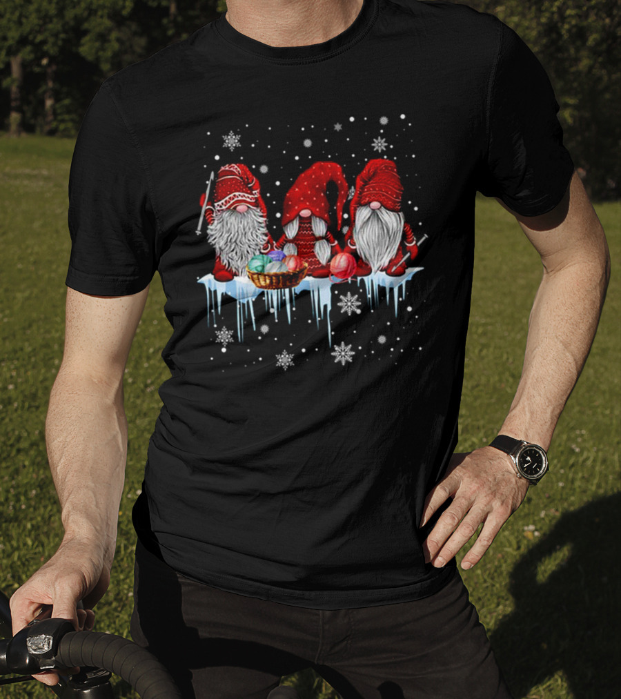 Hanging With Red Gnomies Crochet Funny Gnome Snowflakes And Yarn On Ice T-Shirt