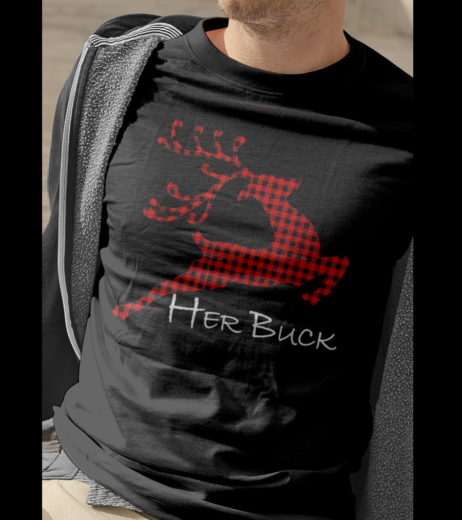 Her Buck Red Plaid Reindeer Couples Matching T-Shirt
