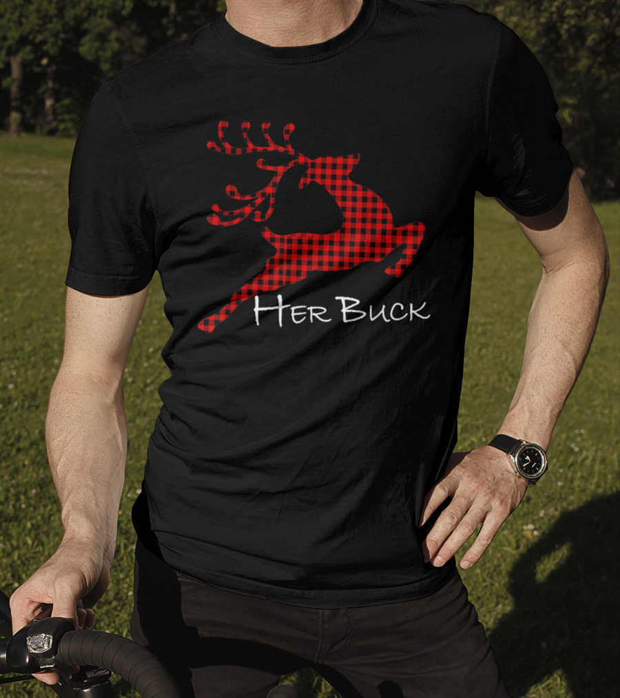 Her Buck Red Plaid Reindeer Couples Matching T-Shirt