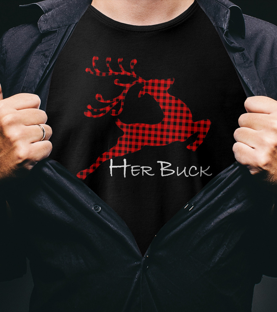 Her Buck Red Plaid Reindeer Couples Matching T-Shirt