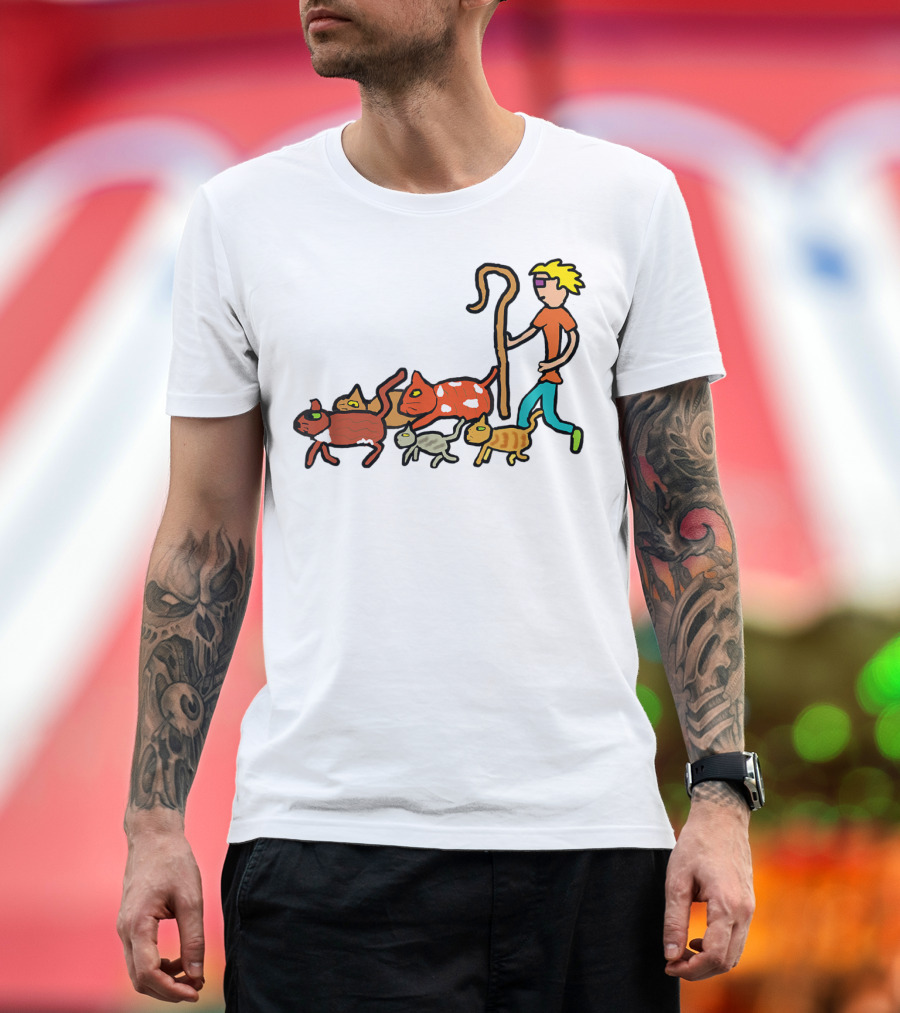 Herding Cats Cartoon Shepherd With Colorful Cats Scene T-Shirt
