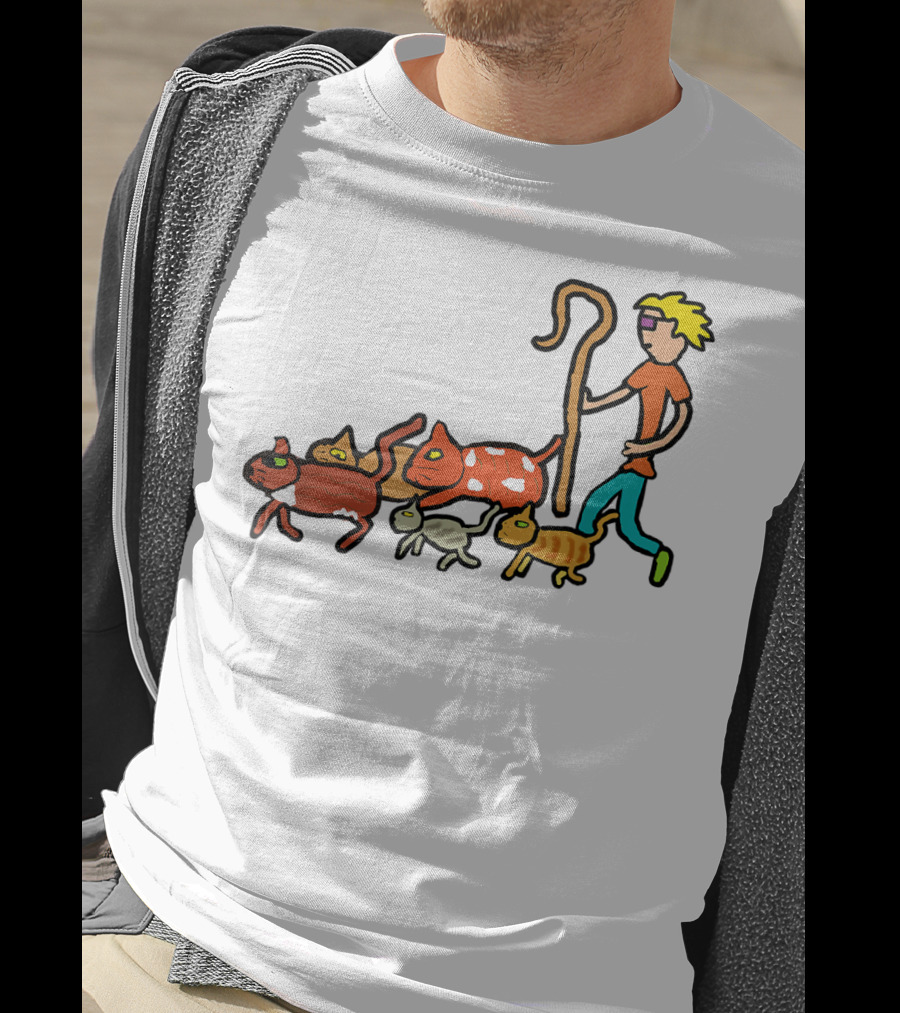 Herding Cats Cartoon Shepherd With Colorful Cats Scene T-Shirt