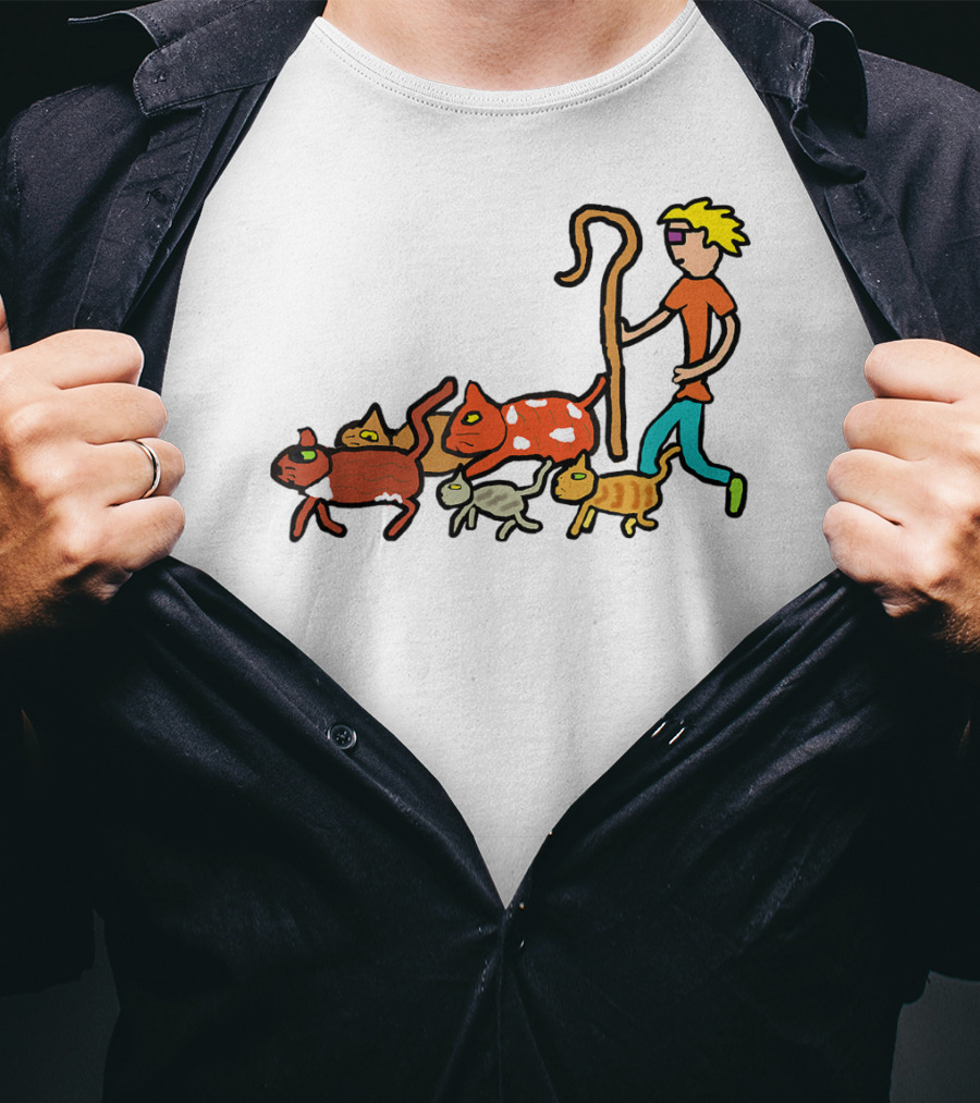 Herding Cats Cartoon Shepherd With Colorful Cats Scene T-Shirt