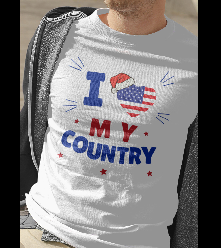 I Love My Country Heart Flag Santa Hat Patriotic Merry Christmas T-Shirt