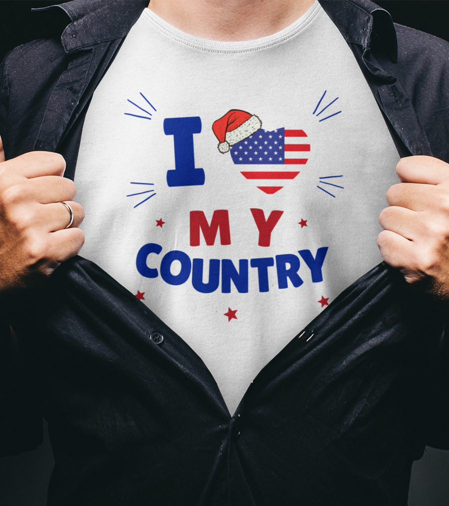 I Love My Country Heart Flag Santa Hat Patriotic Merry Christmas T-Shirt
