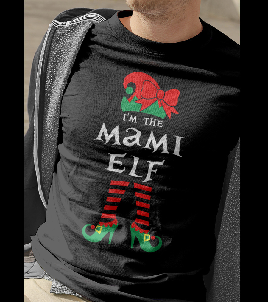 I'm The Mami Elf Striped Leg Red Bow Hat T-Shirt