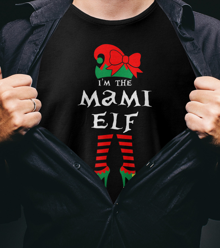 I'm The Mami Elf Striped Leg Red Bow Hat T-Shirt
