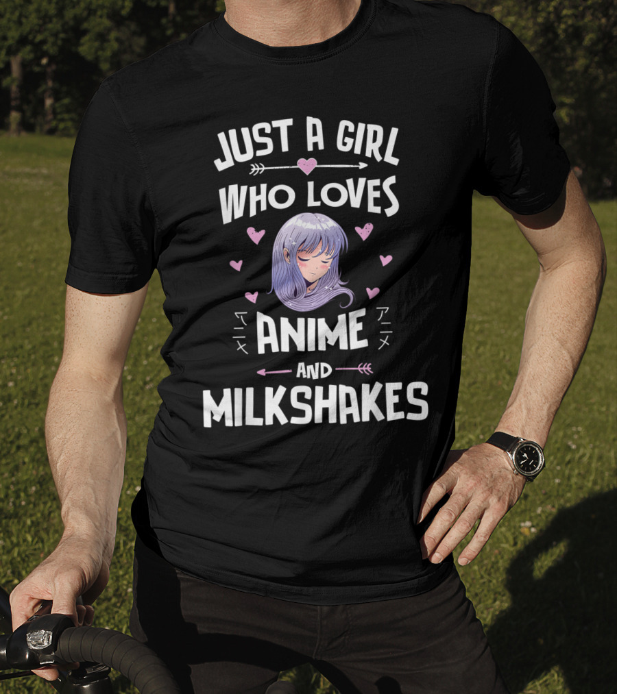 Just A Girl Who Loves Anime And Milkshakes With Purple Hair And Hearts T-Shirt