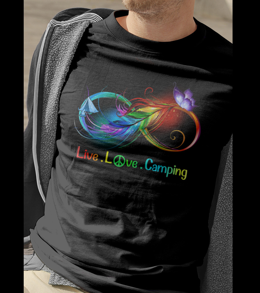 Live Love Camping Hippie Peace Infinity Rainbow Feather Tent Butterfly T-Shirt