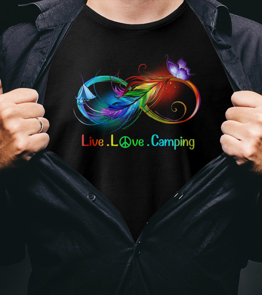 Live Love Camping Hippie Peace Infinity Rainbow Feather Tent Butterfly T-Shirt