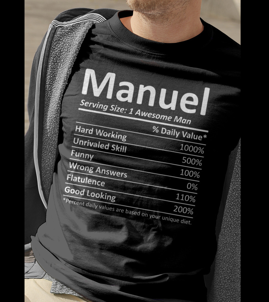 Manuel Nutrition Facts Serving Size 1 Awesome Man Hard Working Unrivaled Skill Funny Good Looking Flatulence T-Shirt