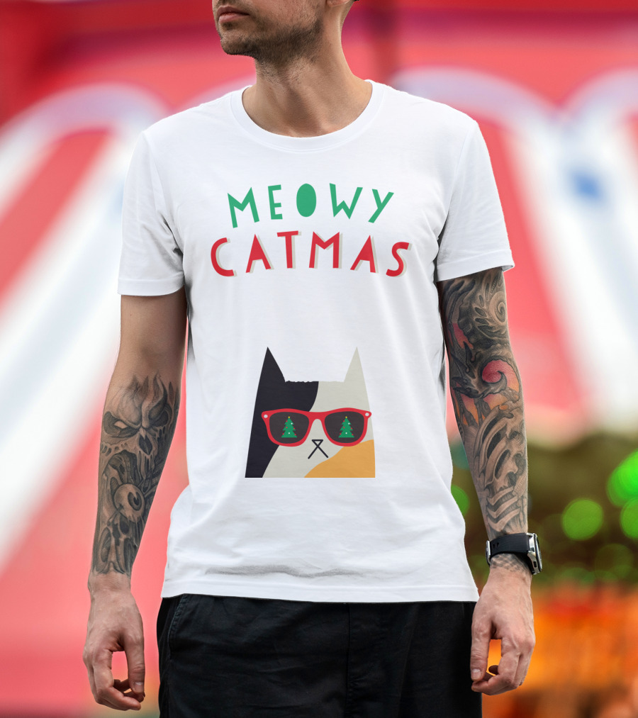 Meowy Catmas Christmas Calico Cat with Sunglasses and Trees T-Shirt