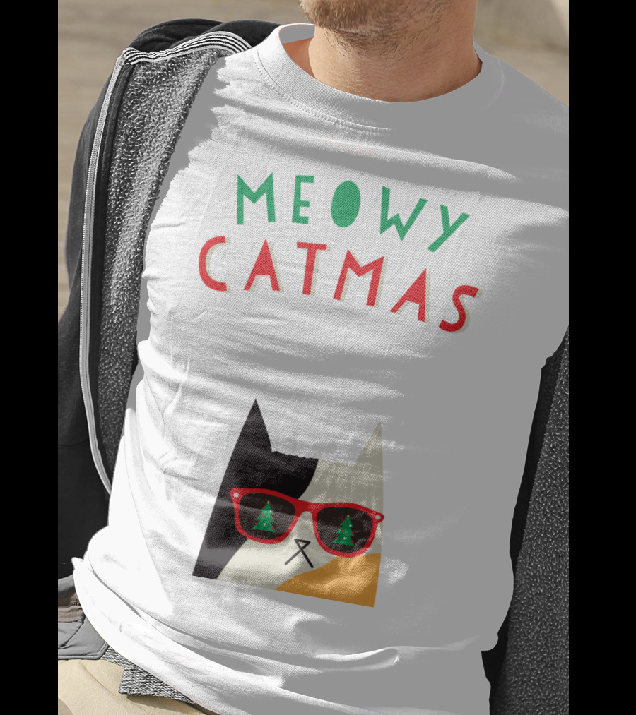 Meowy Catmas Christmas Calico Cat With Sunglasses And Trees T-Shirt