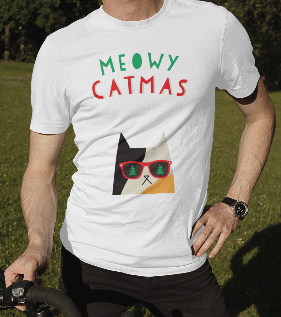 Meowy Catmas Christmas Calico Cat With Sunglasses And Trees T-Shirt