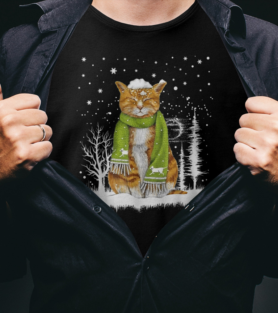 Meowy Xmas Christmas Cats In Snow With Green Scarf And Reindeer T-Shirt