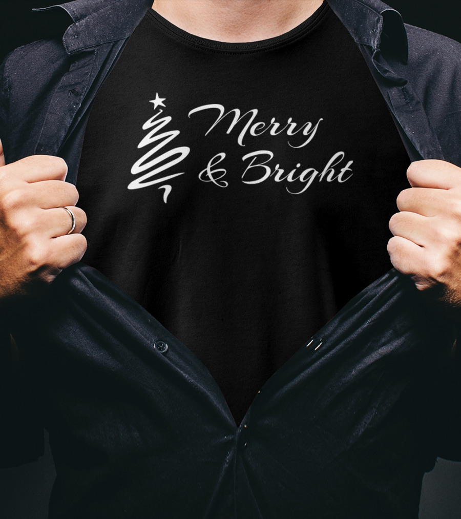 Merry And Bright Christmas Tree Design With Swirling Star Topper T-Shirt