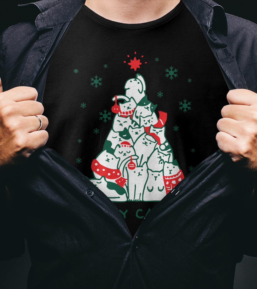 Merry Catmas Funny Cat Christmas Tree Holiday Cats Snowflakes Red Green T-Shirt
