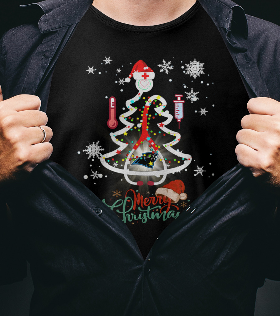 Merry Christmas Carolina Panthers Nurse Football Tree T-Shirt
