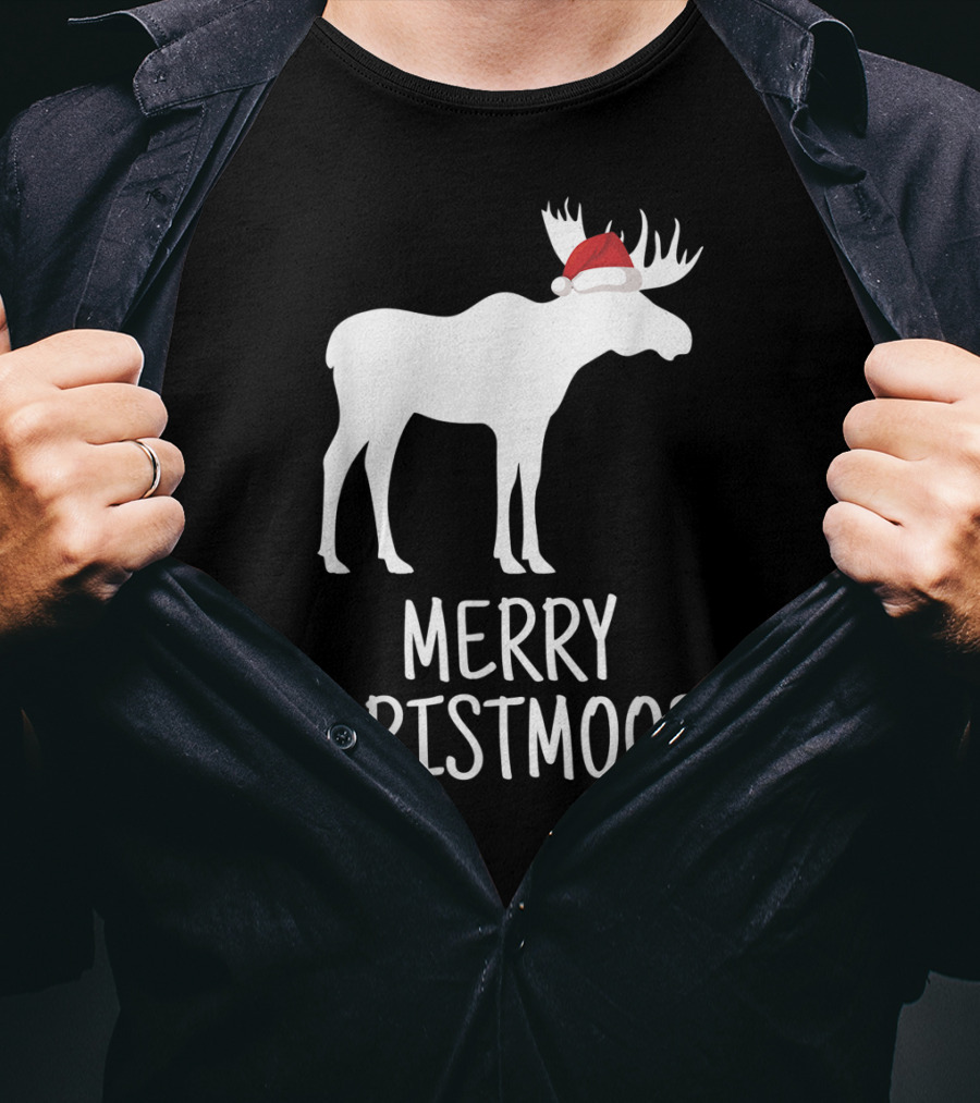 Merry Christmoose Funny Pun Animal Holiday Moose With Santa Hat T-Shirt