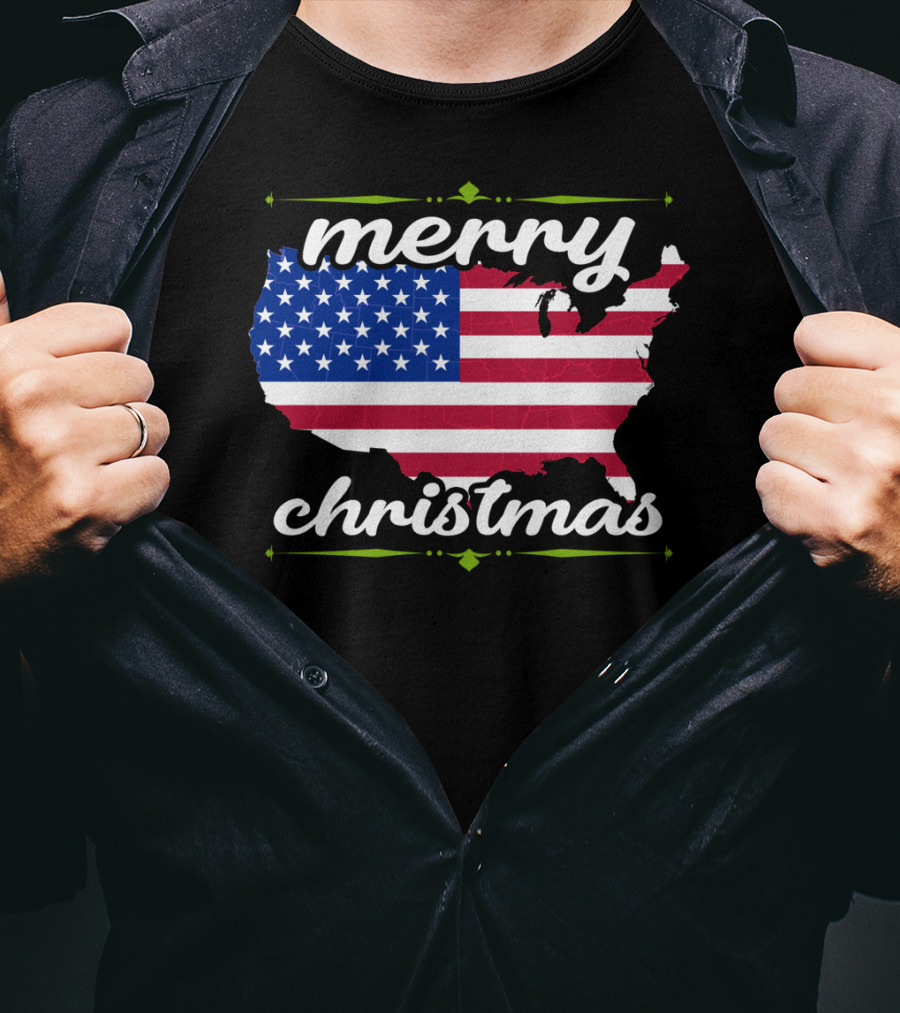 Merry Christmas USA Flag Map T-Shirt