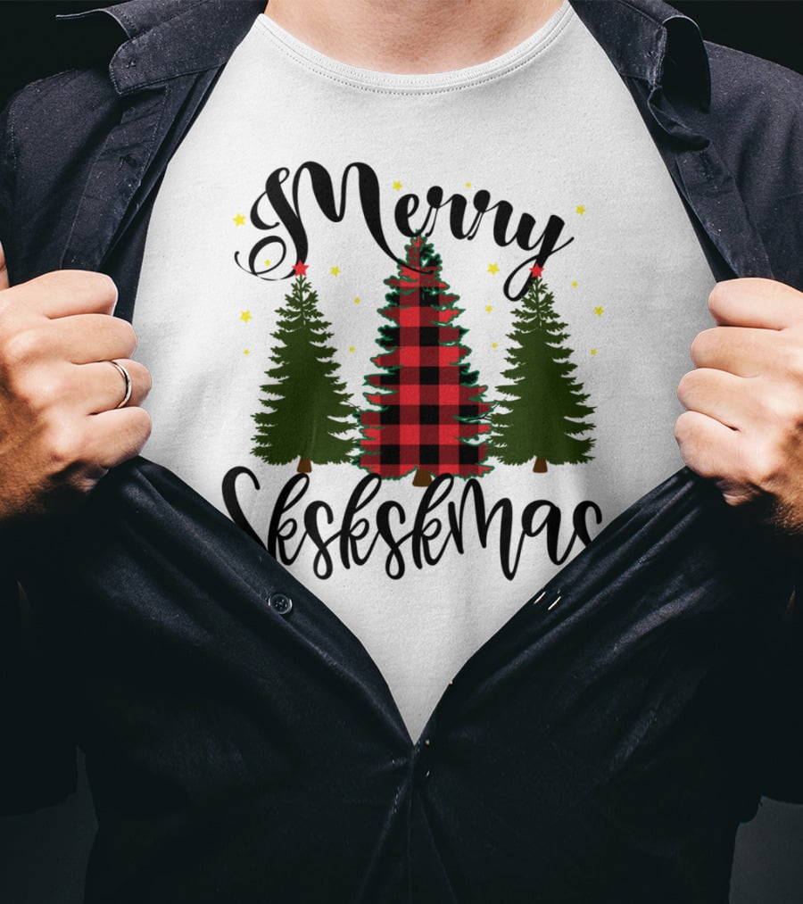 Merry Skskskmas Plaid Trees Scrunchie Visco Holiday T-Shirt