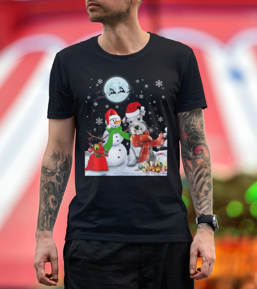 Miniature Schnauzer Santa Snowman Christmas Moon Snowflakes T-Shirt
