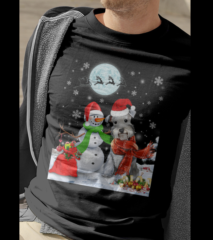 Miniature Schnauzer Santa Snowman Christmas Moon Snowflakes T-Shirt