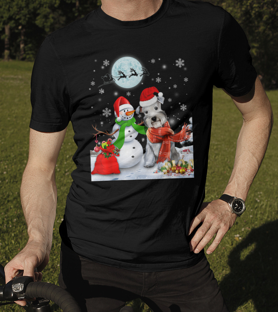 Miniature Schnauzer Santa Snowman Christmas Moon Snowflakes T-Shirt