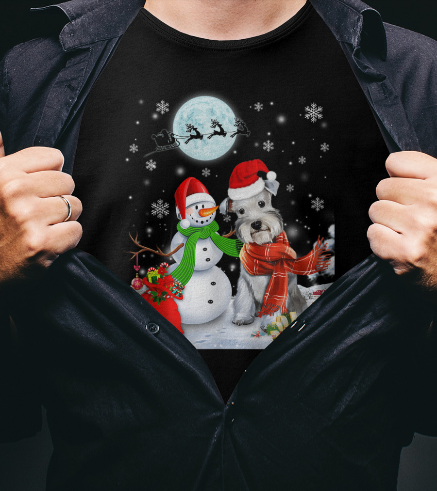 Miniature Schnauzer Santa Snowman Christmas Moon Snowflakes T-Shirt