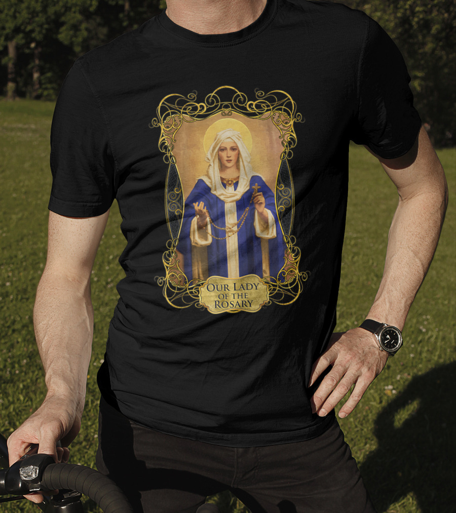 Our Lady Of The Rosary Catholic Prayer Blessed Virgin Mary Icon With Rosary Beads And Cross T-Shirt