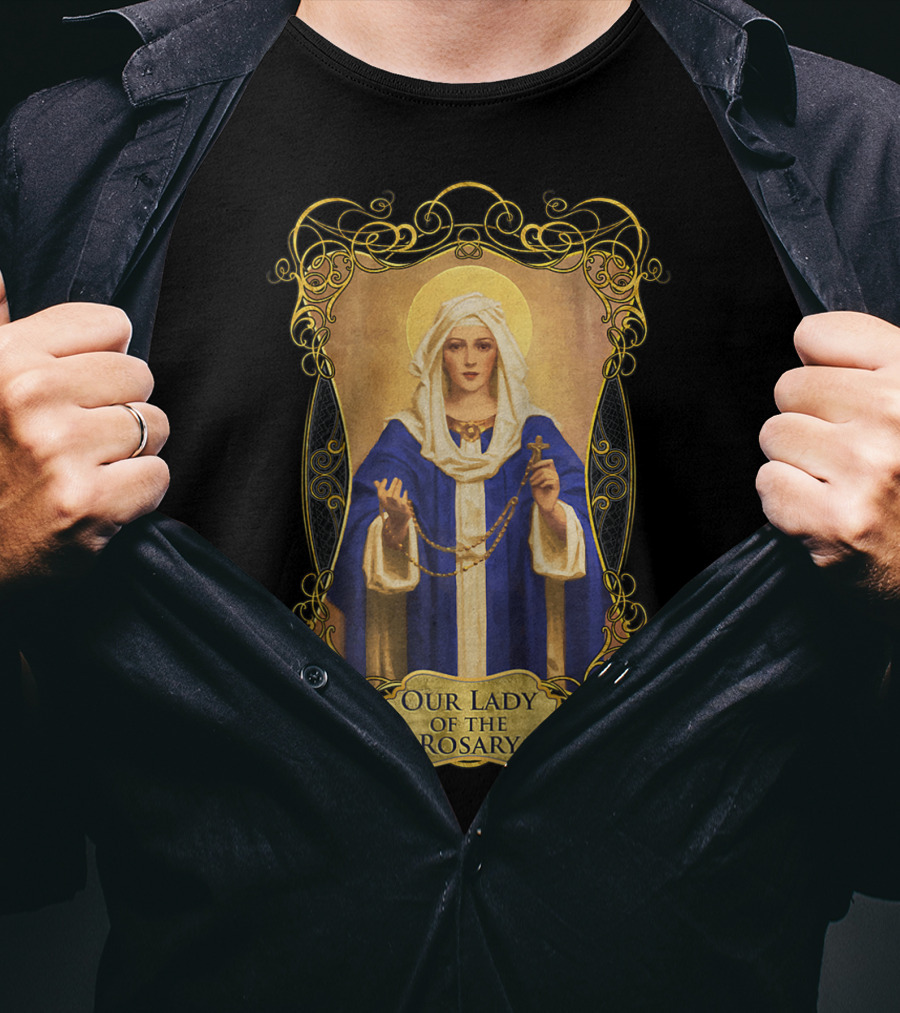 Our Lady Of The Rosary Catholic Prayer Blessed Virgin Mary Icon With Rosary Beads And Cross T-Shirt