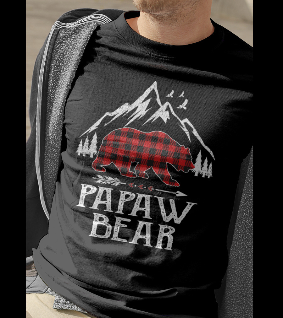 Papaw Bear Christmas Red Plaid Buffalo Mountain Scene T-Shirt