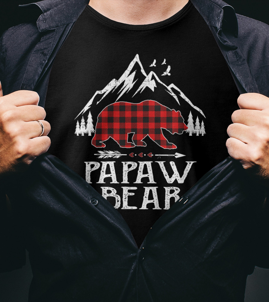 Papaw Bear Christmas Red Plaid Buffalo Mountain Scene T-Shirt