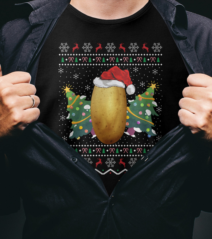 Potato Lover Christmas Ugly Sweater Santa Hat Reindeer Snowflakes Christmas Tree T-Shirt