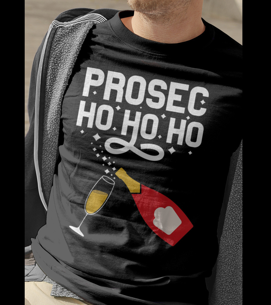 Prosecco Ho Ho Ho Funny Christmas Wine Bottle And Glass T-Shirt