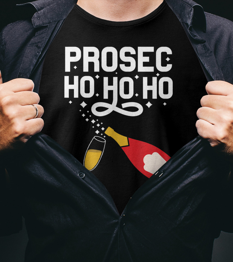 Prosecco Ho Ho Ho Funny Christmas Wine Bottle And Glass T-Shirt