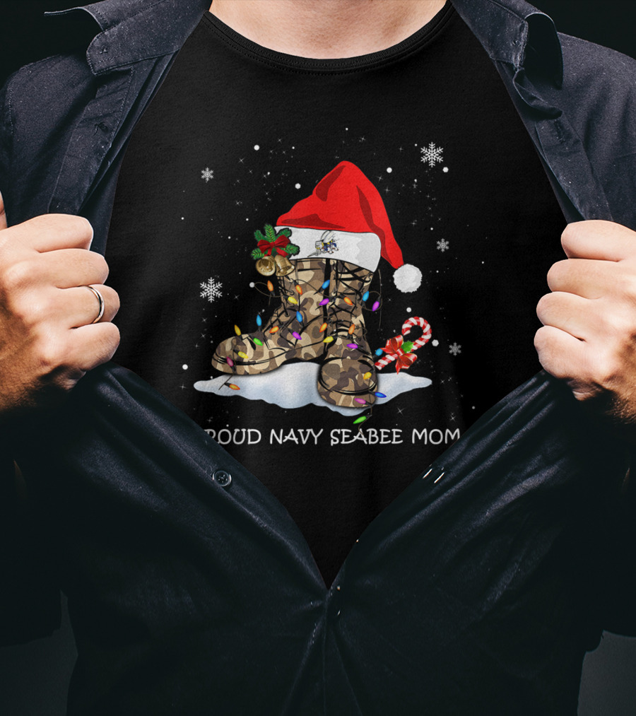 Proud Navy Seabee Mom Christmas Boots With Santa Hat And Candy Cane T-Shirt