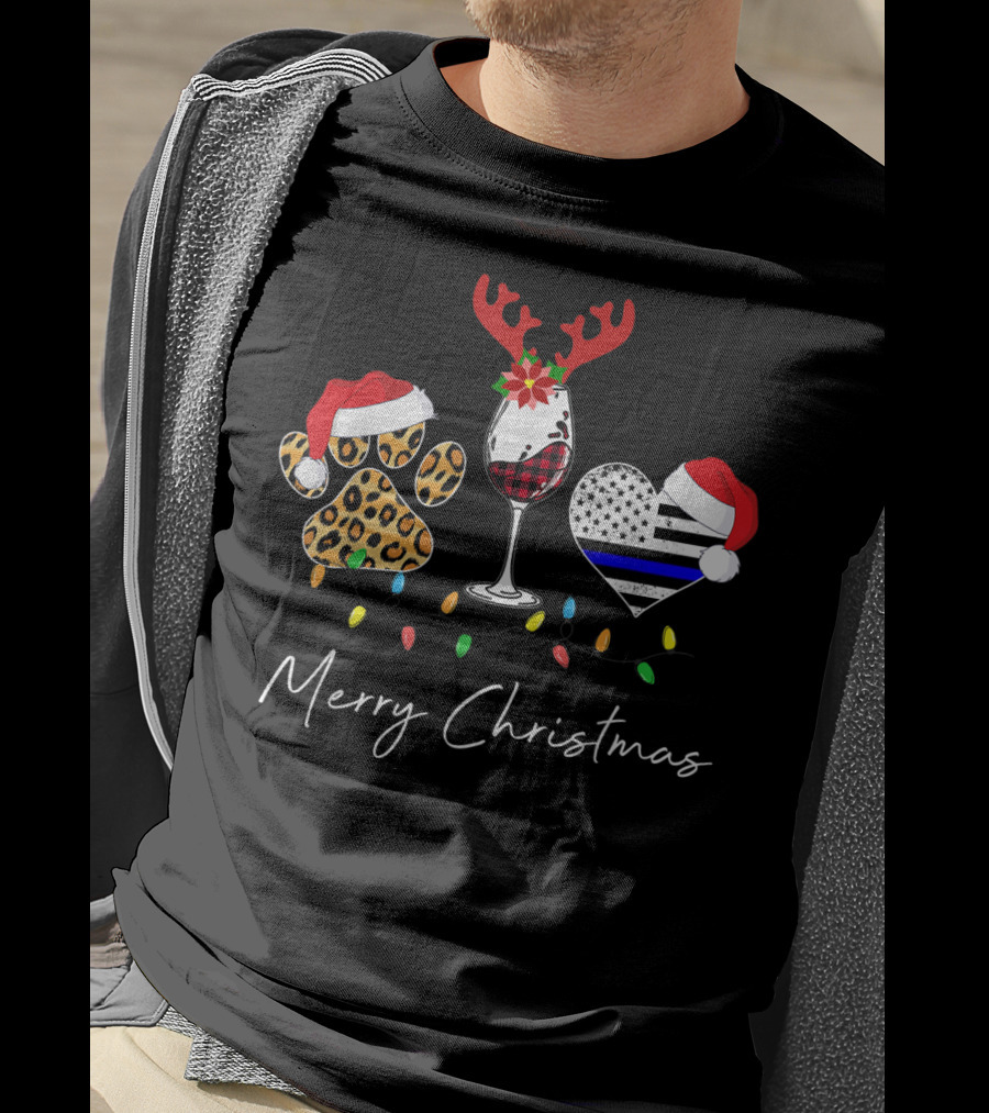 Red Plaid Wine Glass Leopard Dog Paw Blue Line Heart Merry Christmas T-Shirt