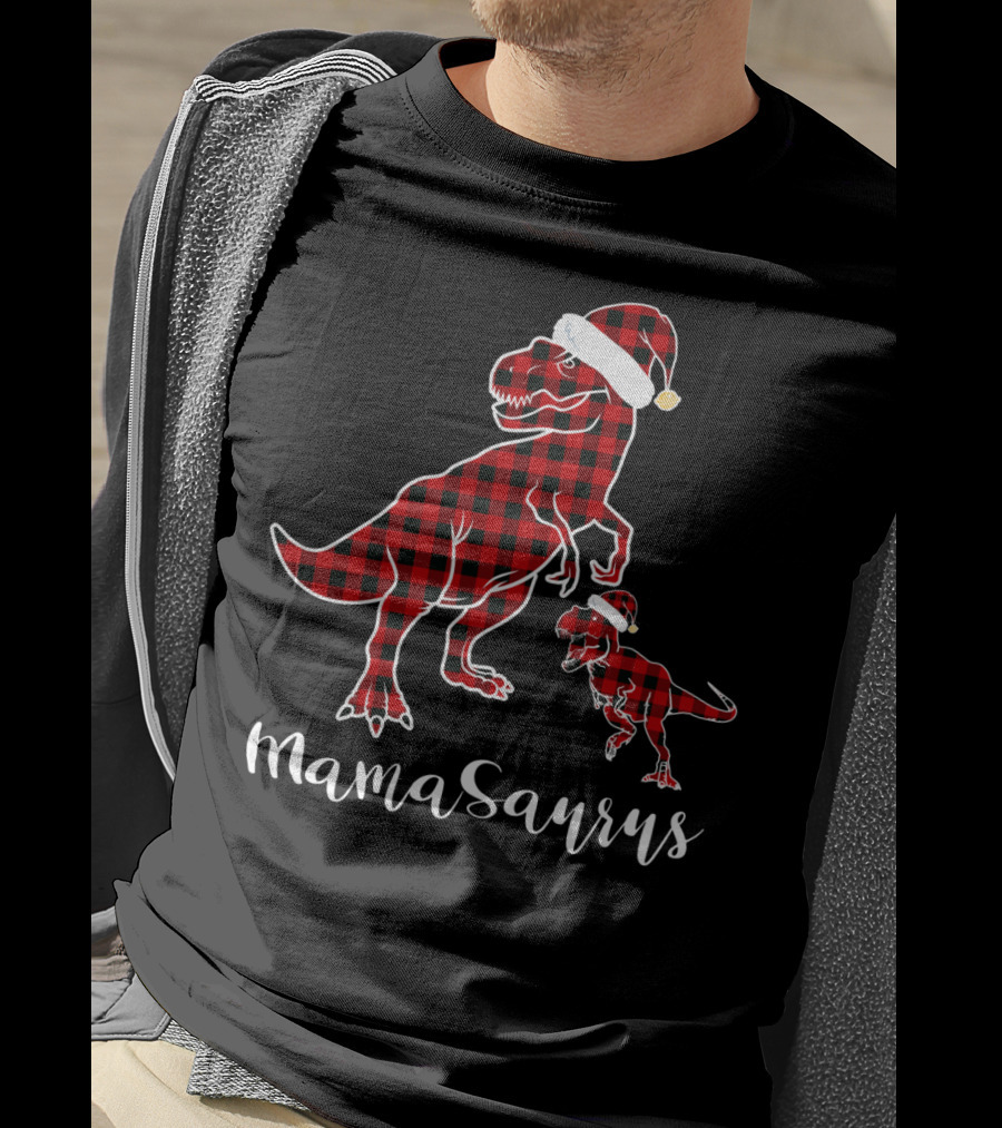 Mamasaurus Red Plaid Santa Hat Buffalo Family T-Shirt