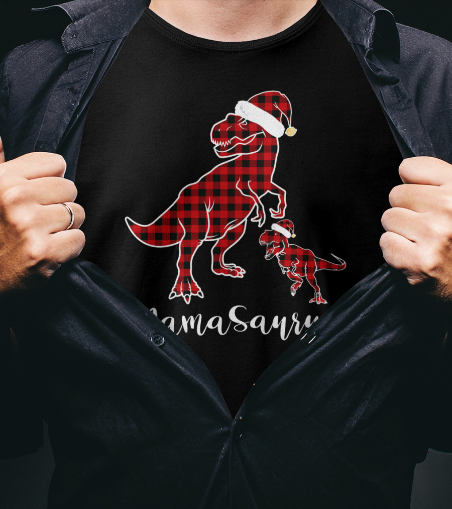 Mamasaurus Red Plaid Santa Hat Buffalo Family T-Shirt