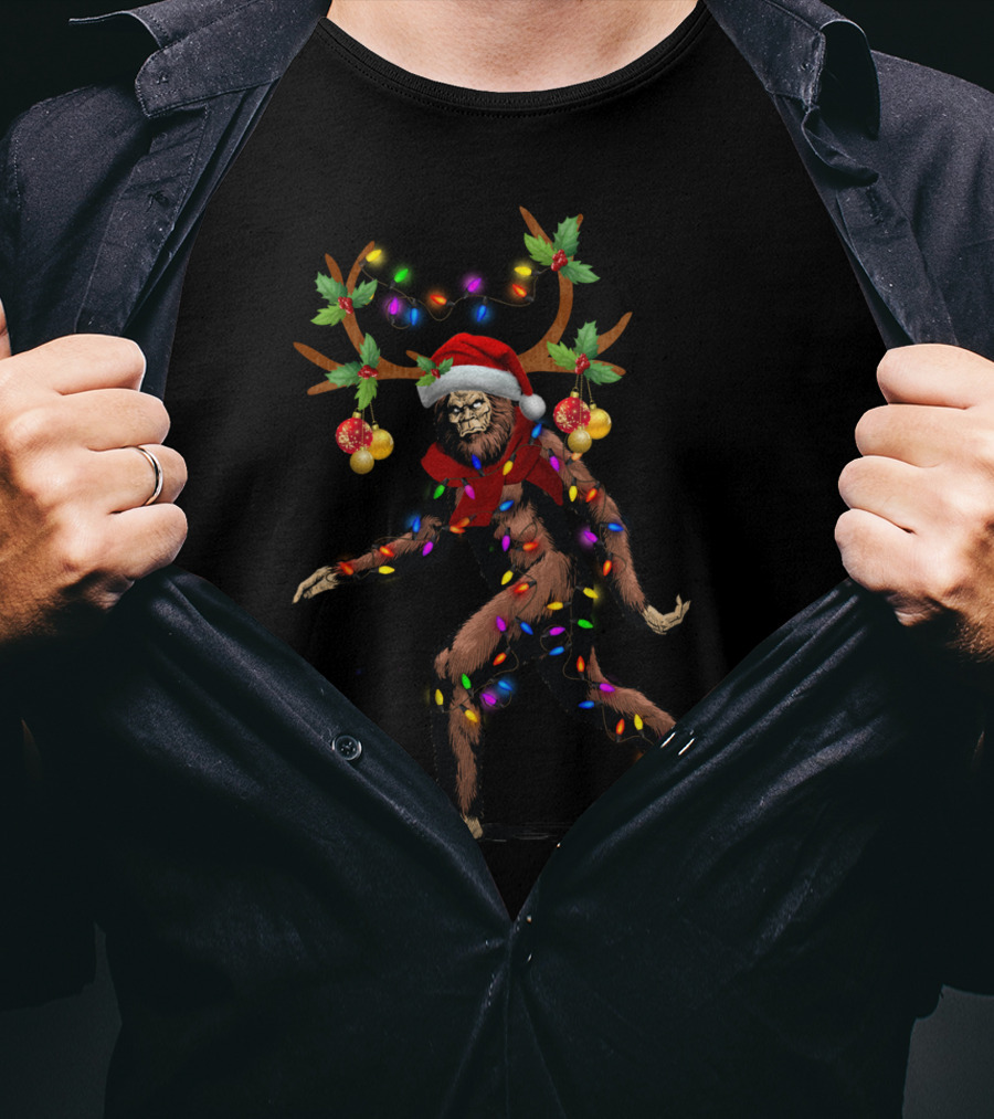Santa Bigfoot Sasquatch Reindeer Festive Lights T-Shirt