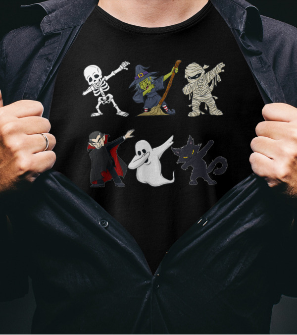 Halloween Skeleton Witch Mummy Vampire Ghost Cat Dabbing Monsters T-Shirt