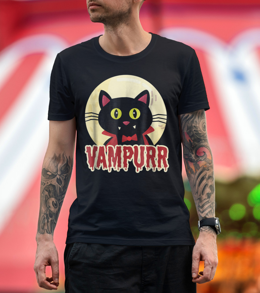 Vampurr Funny Halloween Black Cat Vampire T-Shirt