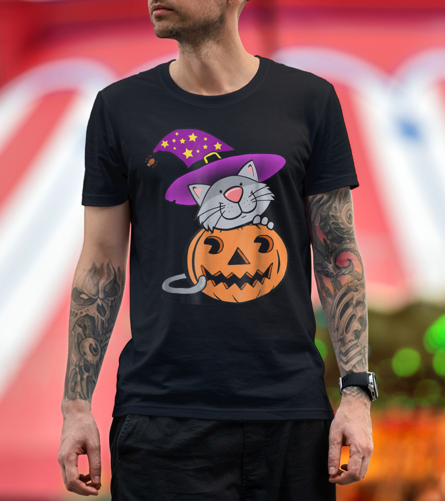Halloween Kitty Cat in Witch Hat with Pumpkin and Spider T-Shirt