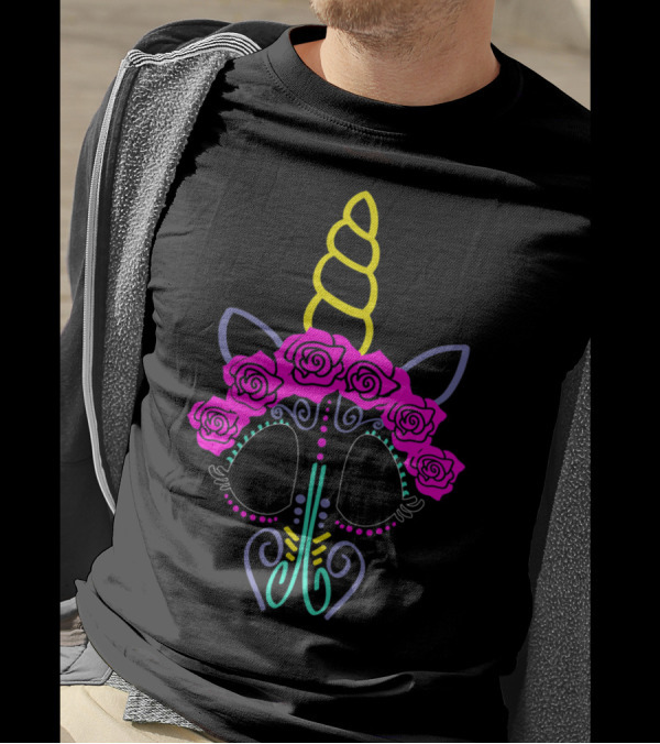 Halloween Unicorn Sugar Skull Day Of The Dead Roses T-Shirt