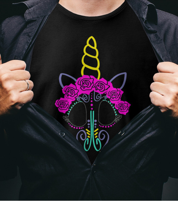 Halloween Unicorn Sugar Skull Day Of The Dead Roses T-Shirt