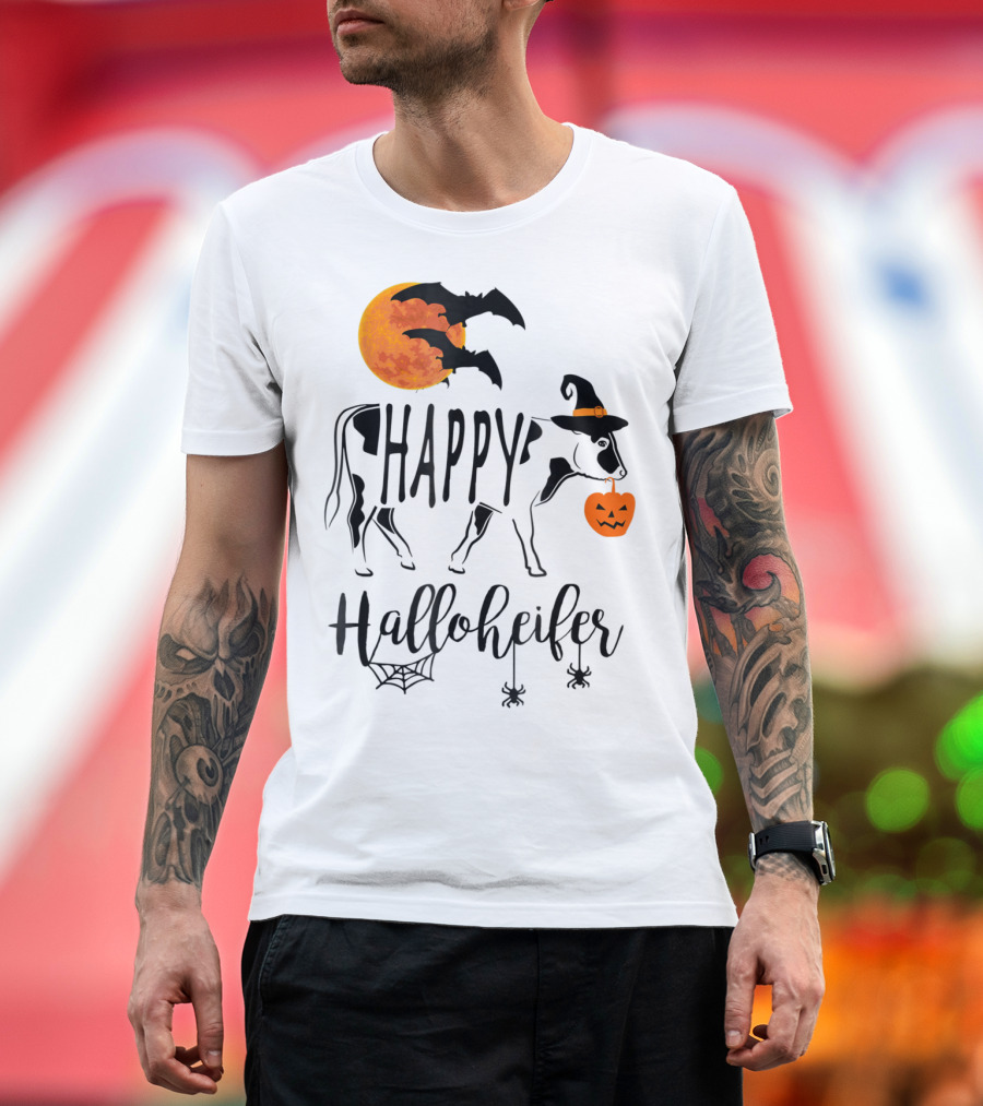 Happy Halloheifer Halloween Cow with Witch Hat and Pumpkin T-Shirt