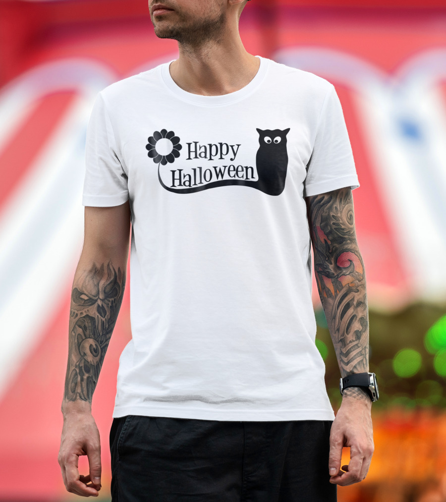 Happy Halloween Black Cat Flower Silhouette Spooky Eyes T-Shirt