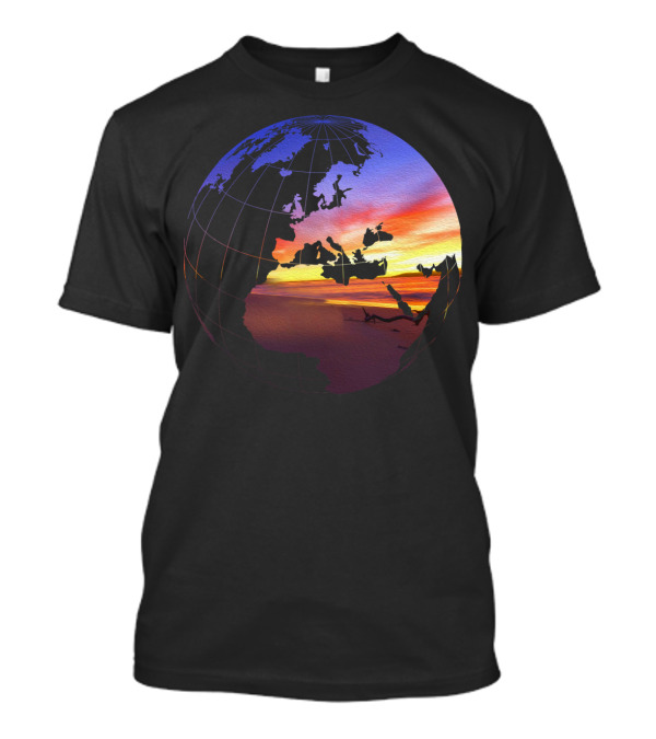 Beach Sunset Tropical Paradise View In A Globe Over World Map T-Shirt