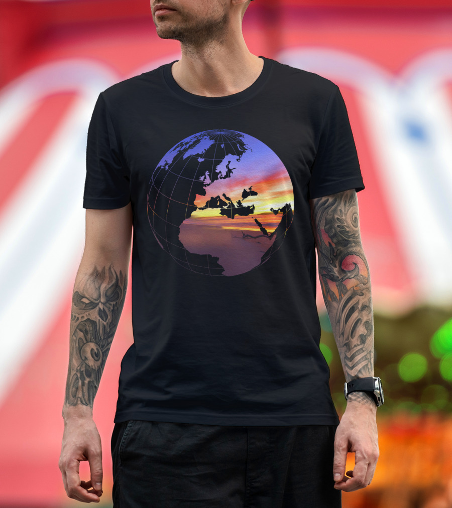 Beach Sunset Tropical Paradise View In A Globe Over World Map T-Shirt